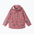 Children's pink rain jacket with fox print pattern, hood, and reflective sleeve strips, front view