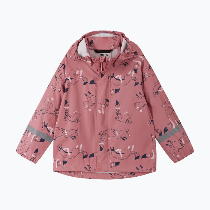 Children's pink rain jacket with fox print pattern, hood, and reflective sleeve strips, front view