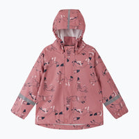 Children's pink hooded rain jacket with playful fox print, front view, reflective strips