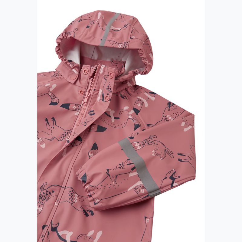 Children's pink rain jacket with dog print, hood, zip closure, and reflective sleeve strip