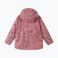 Children's hooded rain jacket in pink with playful fox print, back view showing reflective details