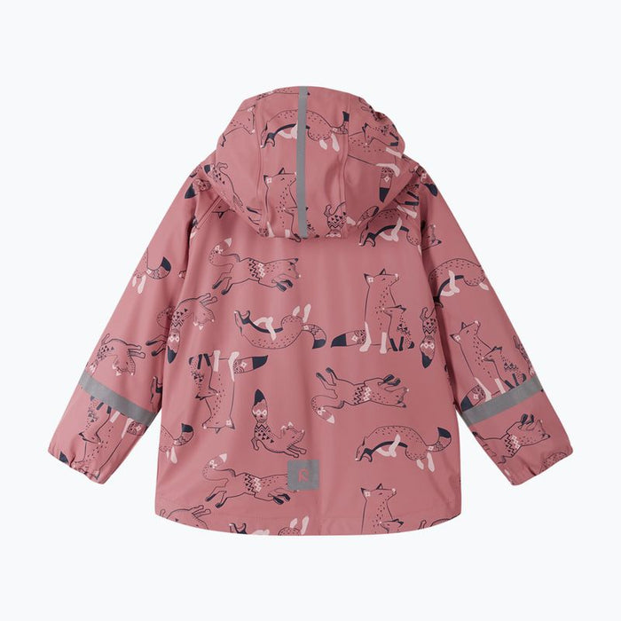 Children's hooded rain jacket in pink with playful fox print, back view showing reflective details