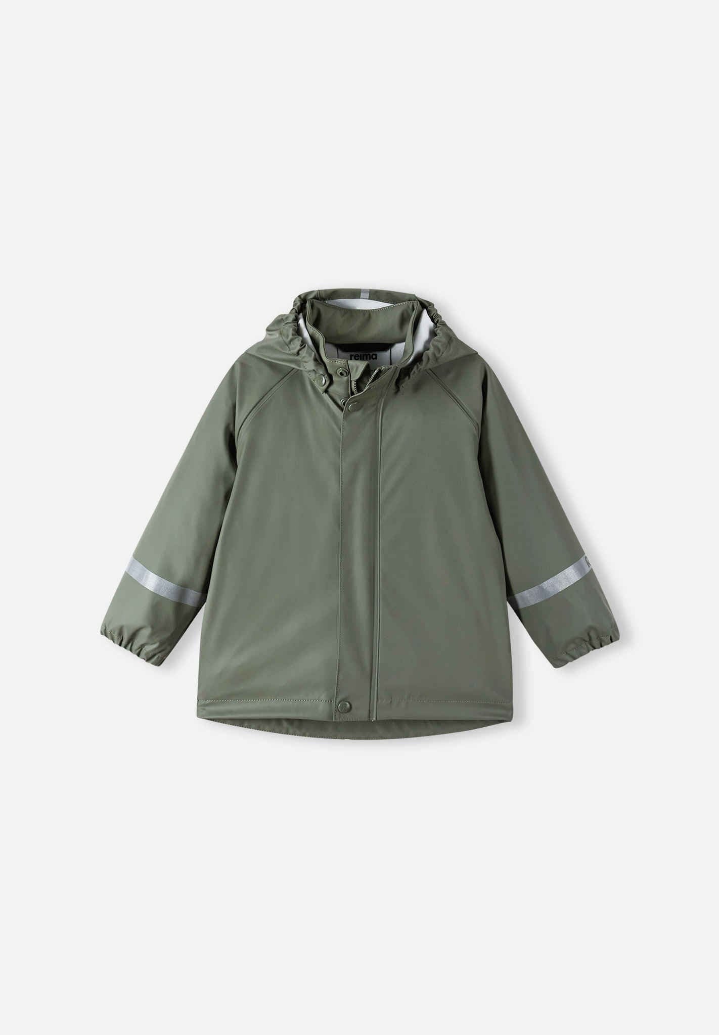 Olive green hooded raincoat with reflective strips on sleeves, front view
