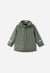 Olive green hooded raincoat with reflective strips on sleeves, front view