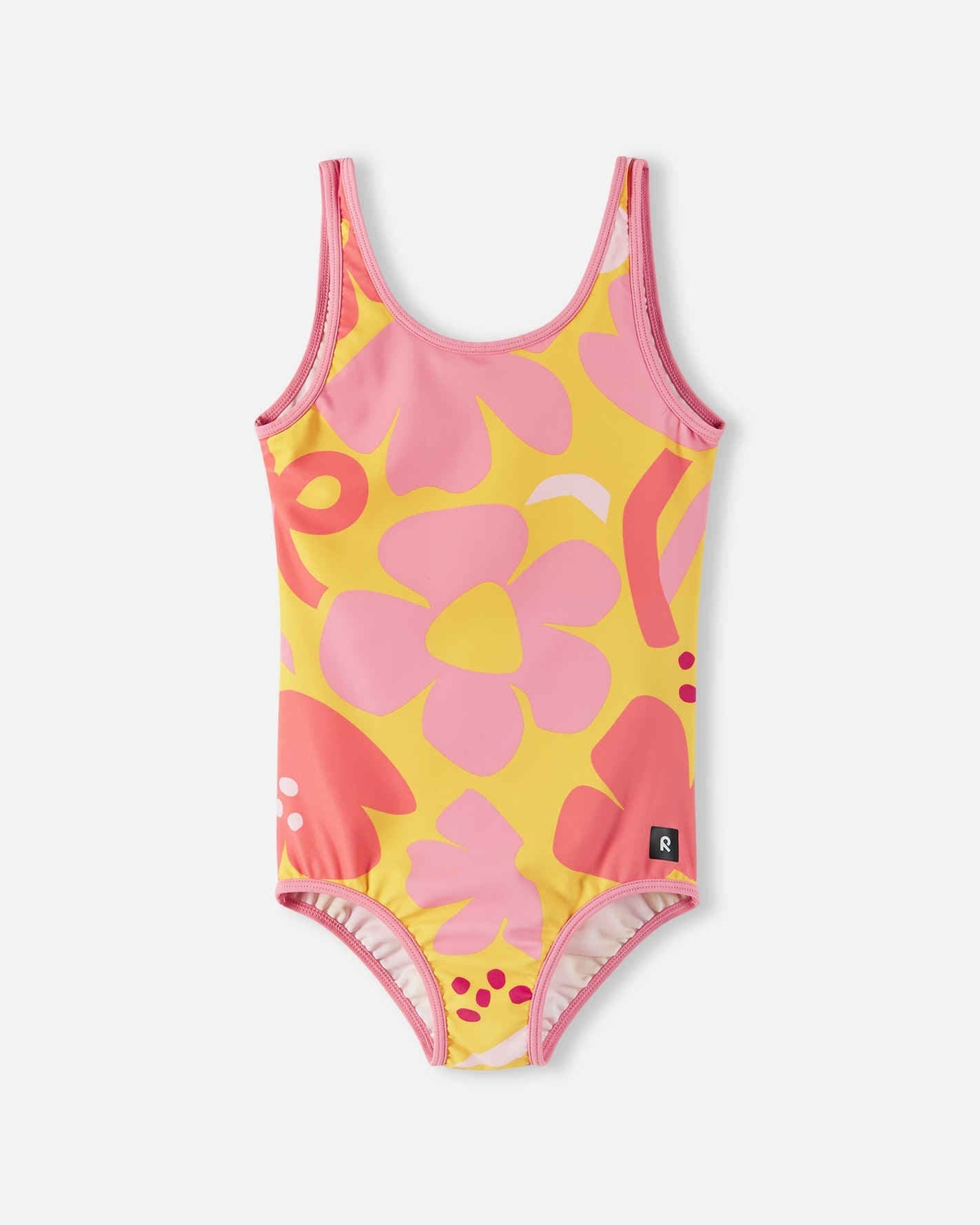 One-piece swimsuit with bright yellow background and pink coral floral print, tank style straps