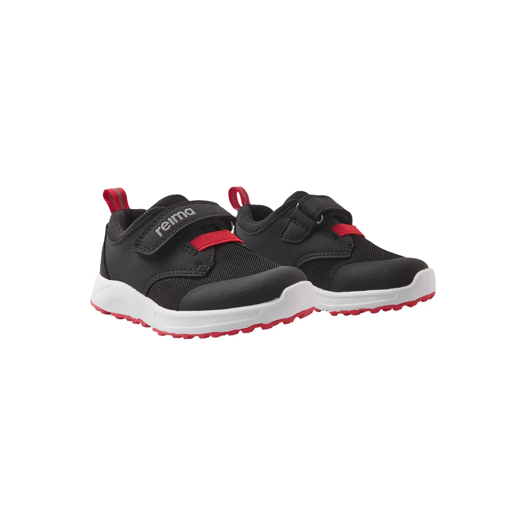 Black children's sneakers with velcro straps, red accents and white soles