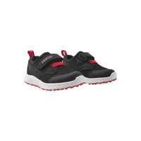 Black children's sneakers with velcro straps, red accents and white soles