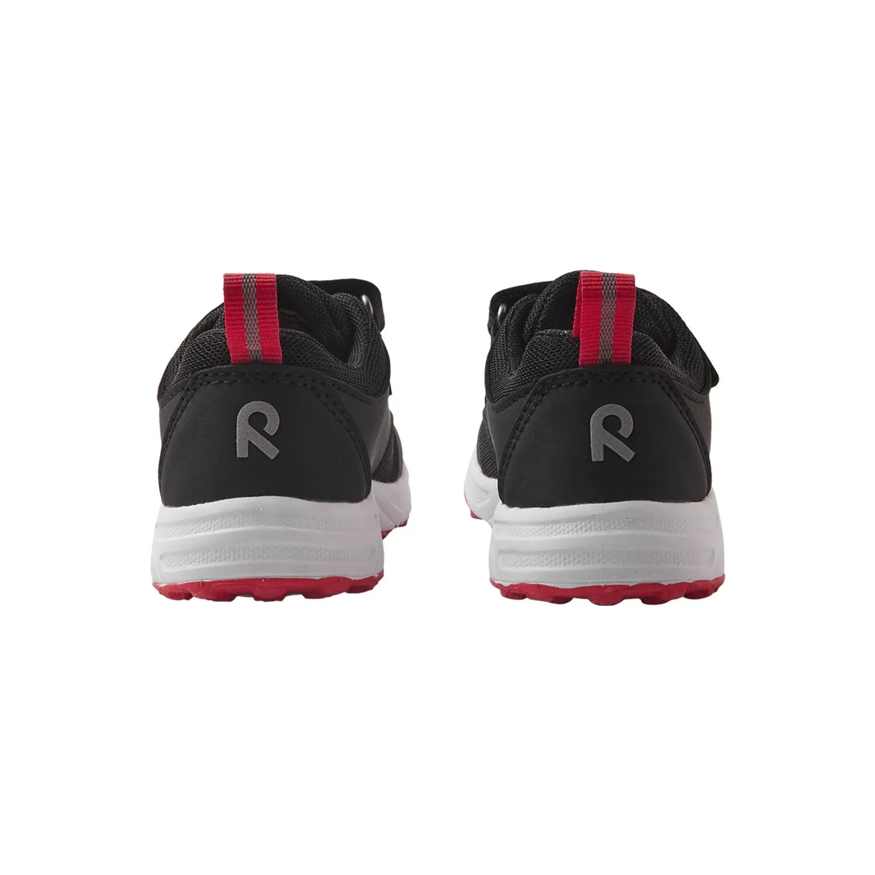 Black athletic sneakers with red outsole and heel tab, rear view showing both shoes