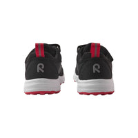 Black athletic sneakers with red outsole and heel tab, rear view showing both shoes