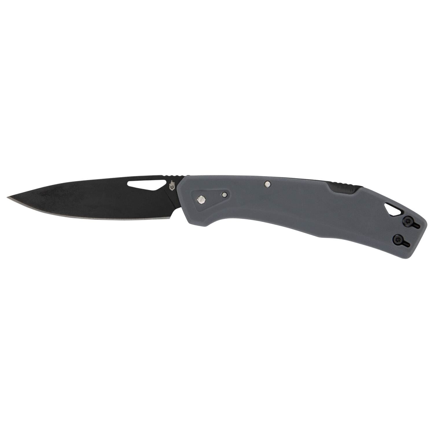 Gray folding knife with black blade and pocket clip, side view profile
