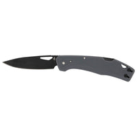 Gray folding knife with black blade and pocket clip, side view profile