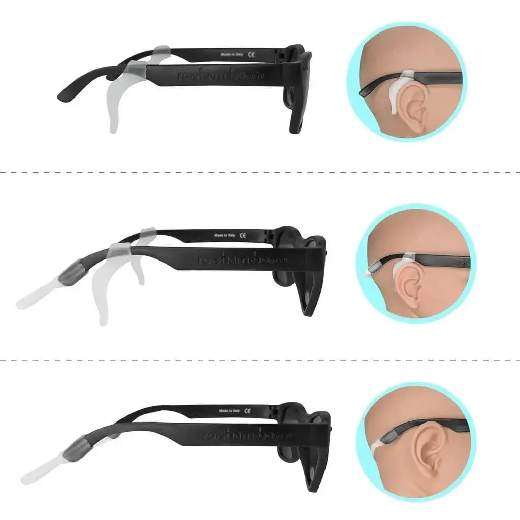 Three views of glasses ear adjusters showing different fit positions on ear hooks