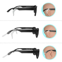 Three views of glasses ear adjusters showing different fit positions on ear hooks