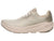 Light beige running shoe with mesh upper and thick curved sole, side profile view