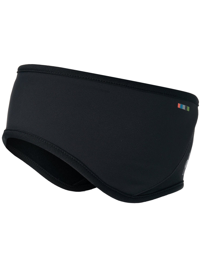 Black athletic headband with fleece lining and small colorful logo patch, angled view