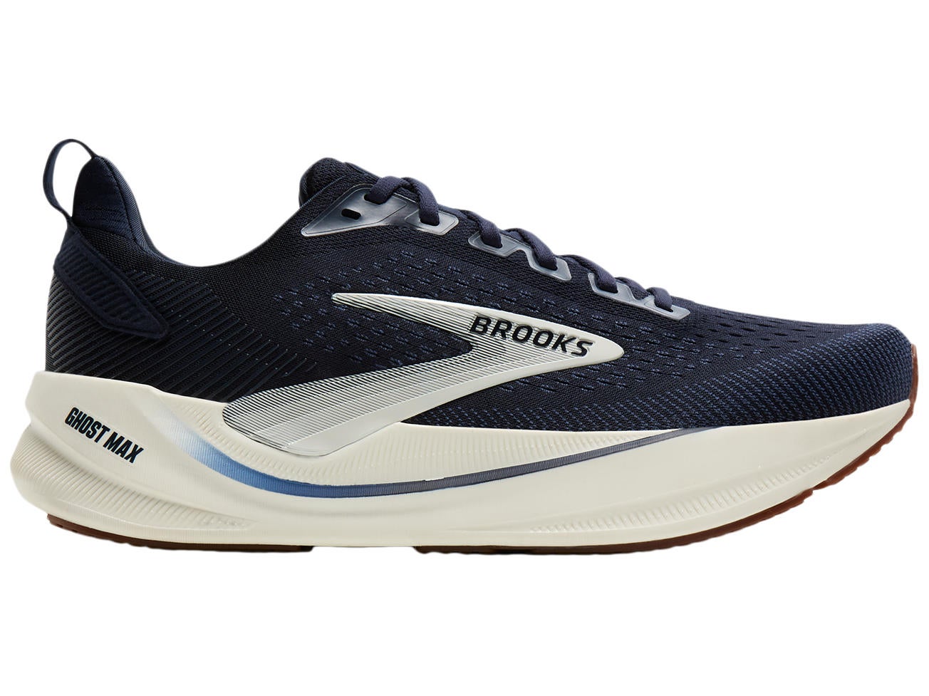 Men's max cushion running shoe in navy with cream midsole, lateral side view