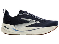 Men's max cushion running shoe in navy with cream midsole, lateral side view