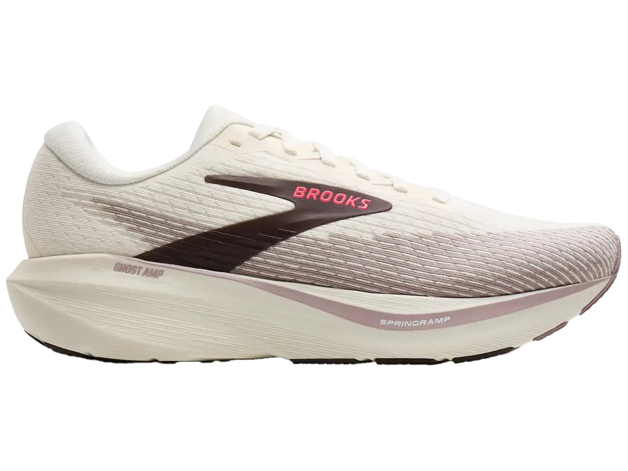 Women's running shoe with cream upper, taupe mesh, dark swoosh logo, and thick cushioned midsole, lateral view