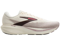 Women's running shoe with cream upper, taupe mesh, dark swoosh logo, and thick cushioned midsole, lateral view