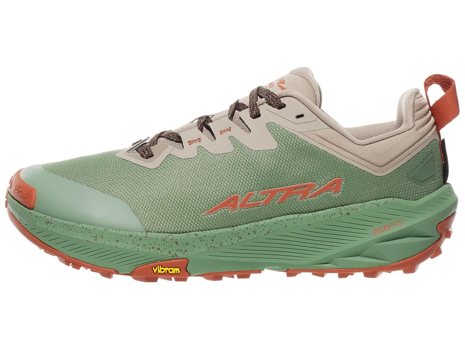 Trail running shoe with green mesh upper and tan overlays, side profile view