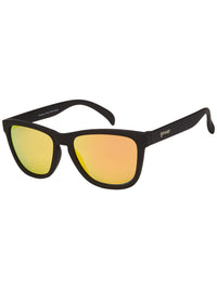 Black framed sunglasses with orange-yellow gradient mirrored lenses on white background