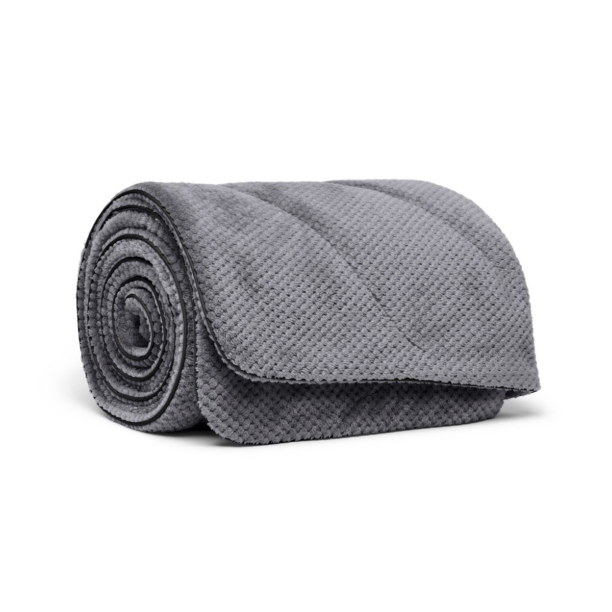 Large fleece blanket rolled up, showing textured diamond pattern in dark grey, studio view