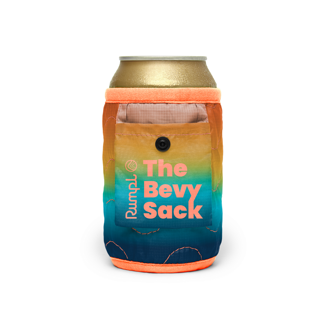 Can koozie with rainbow gradient pattern, front pocket with snap button closure, coral trim