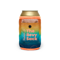 Can koozie with rainbow gradient pattern, front pocket with snap button closure, coral trim