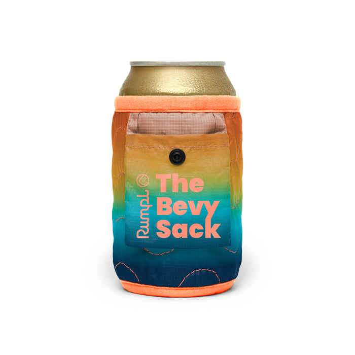 Can koozie with rainbow gradient pattern, front pocket with snap button closure, coral trim