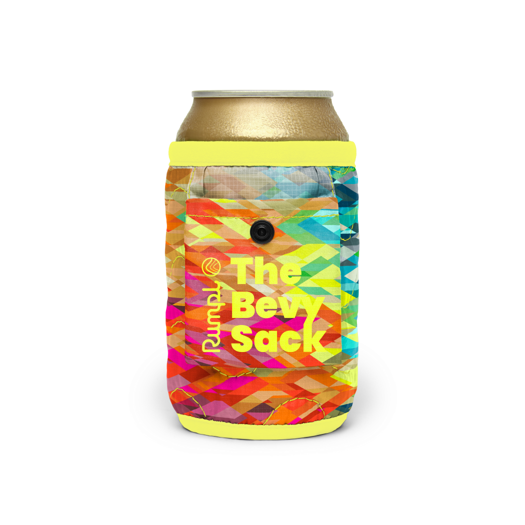 Colorful geometric-patterned can cooler sleeve with neon yellow trim wrapping a standard beverage can