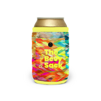 Colorful geometric-patterned can cooler sleeve with neon yellow trim wrapping a standard beverage can