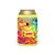 Colorful geometric-patterned can cooler sleeve with neon yellow trim wrapping a standard beverage can