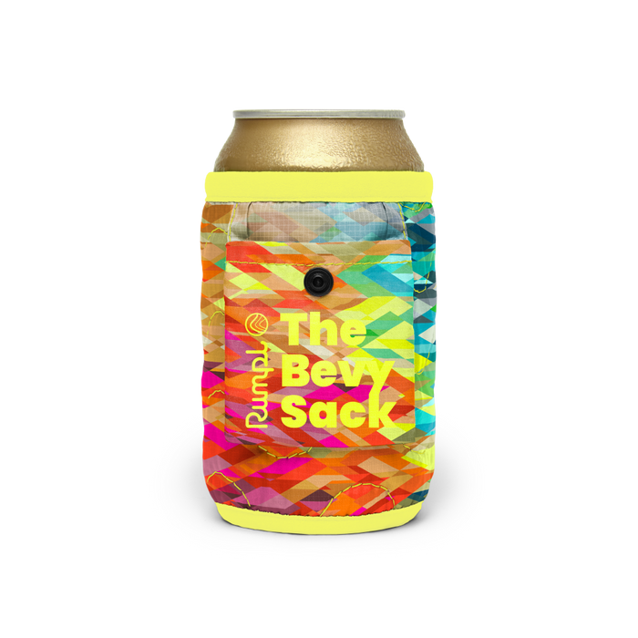Colorful geometric-patterned can cooler sleeve with neon yellow trim wrapping a standard beverage can
