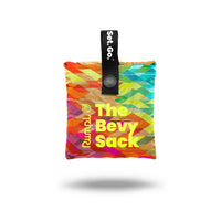 Compact folded tote bag with colorful geometric chevron pattern, black snap closure and hanging loop