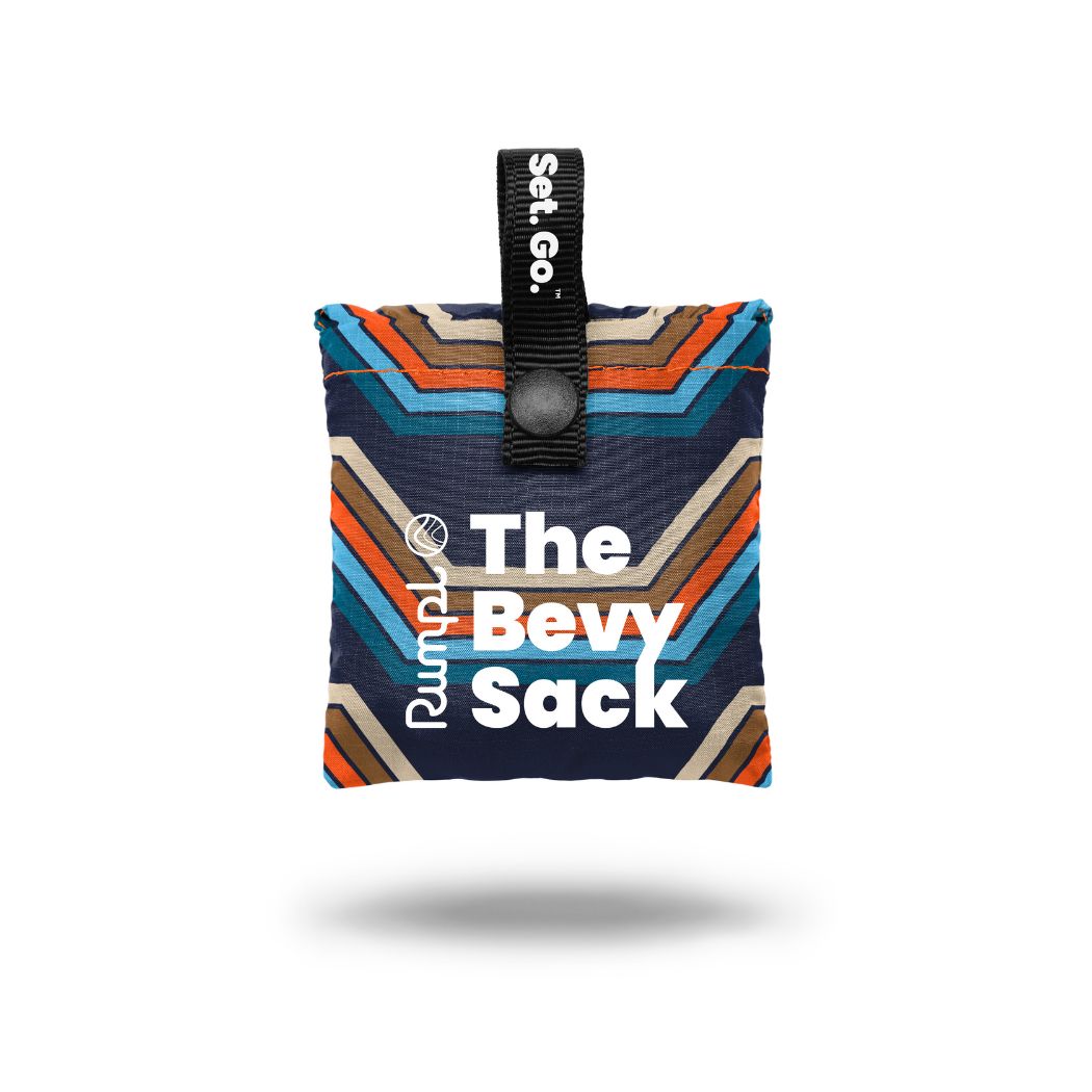 Compact folded pouch with colorful retro chevron stripes and black snap closure hanging strap