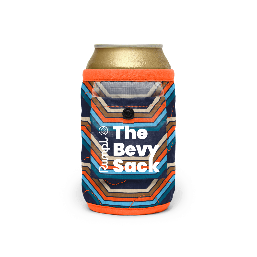 Can koozie with chevron retro stripe pattern, front pocket with snap button closure, orange trim