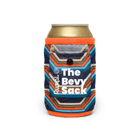 Can koozie with chevron retro stripe pattern, front pocket with snap button closure, orange trim