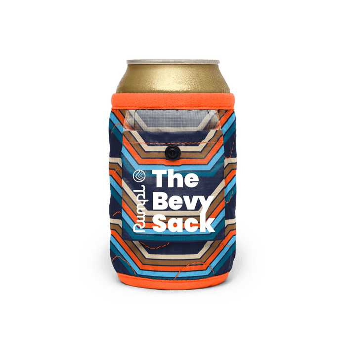 Can koozie with chevron retro stripe pattern, front pocket with snap button closure, orange trim