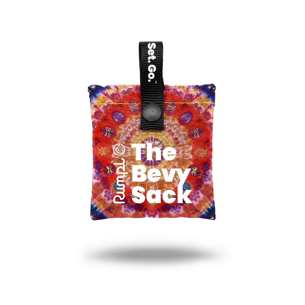 Compact packable pouch with colorful tie-dye pattern, snap closure, and black hanging strap