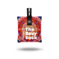 Compact packable pouch with colorful tie-dye pattern, snap closure, and black hanging strap