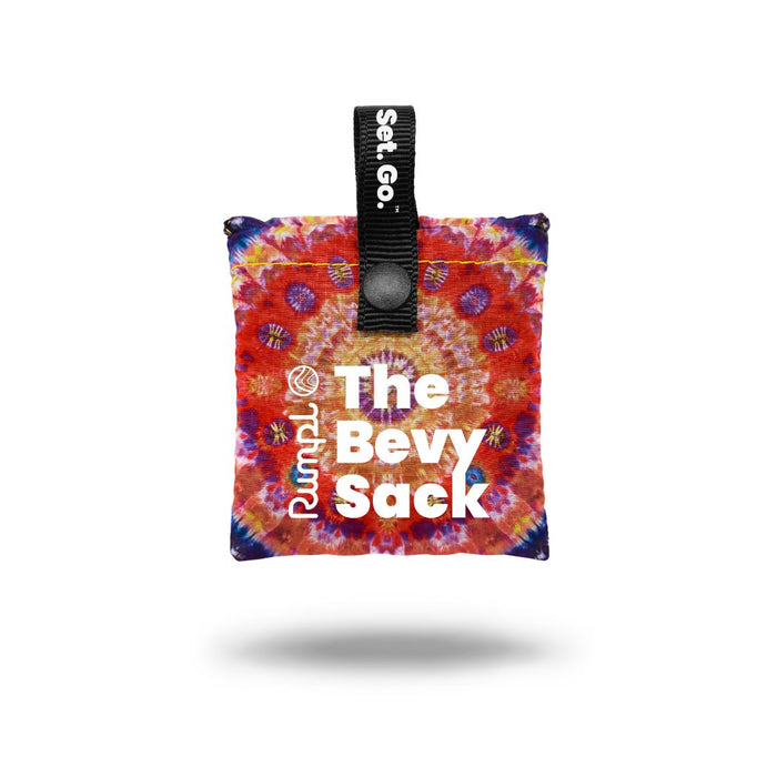 Compact packable pouch with colorful tie-dye pattern, snap closure, and black hanging strap