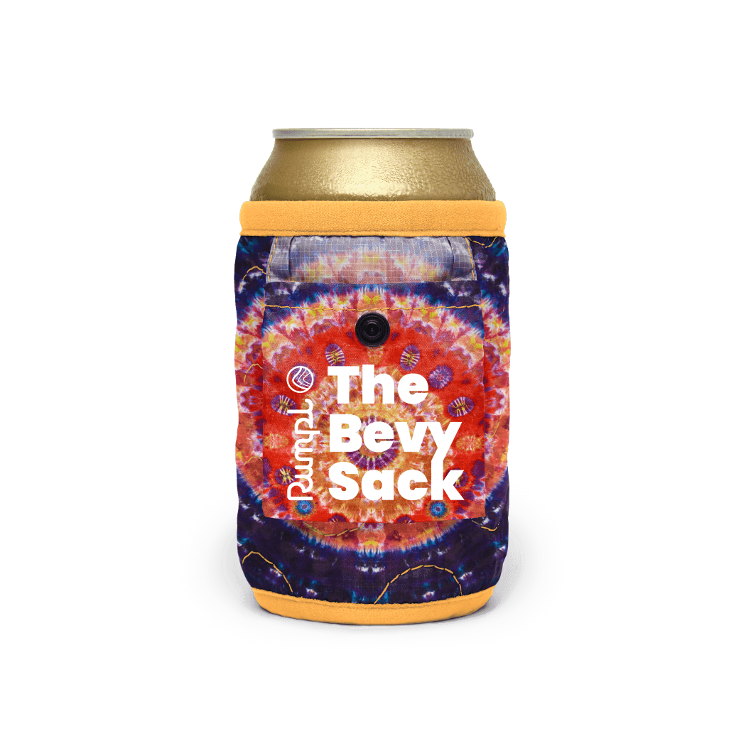 Tie-dye patterned beverage can cooler sleeve with snap closure, shown on standard drink can