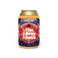 Tie-dye patterned beverage can cooler sleeve with snap closure, shown on standard drink can