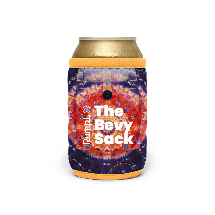 Tie-dye patterned beverage can cooler sleeve with snap closure, shown on standard drink can