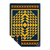 Geometric patterned blanket with navy and gold diamond quilt design, folded corner detail