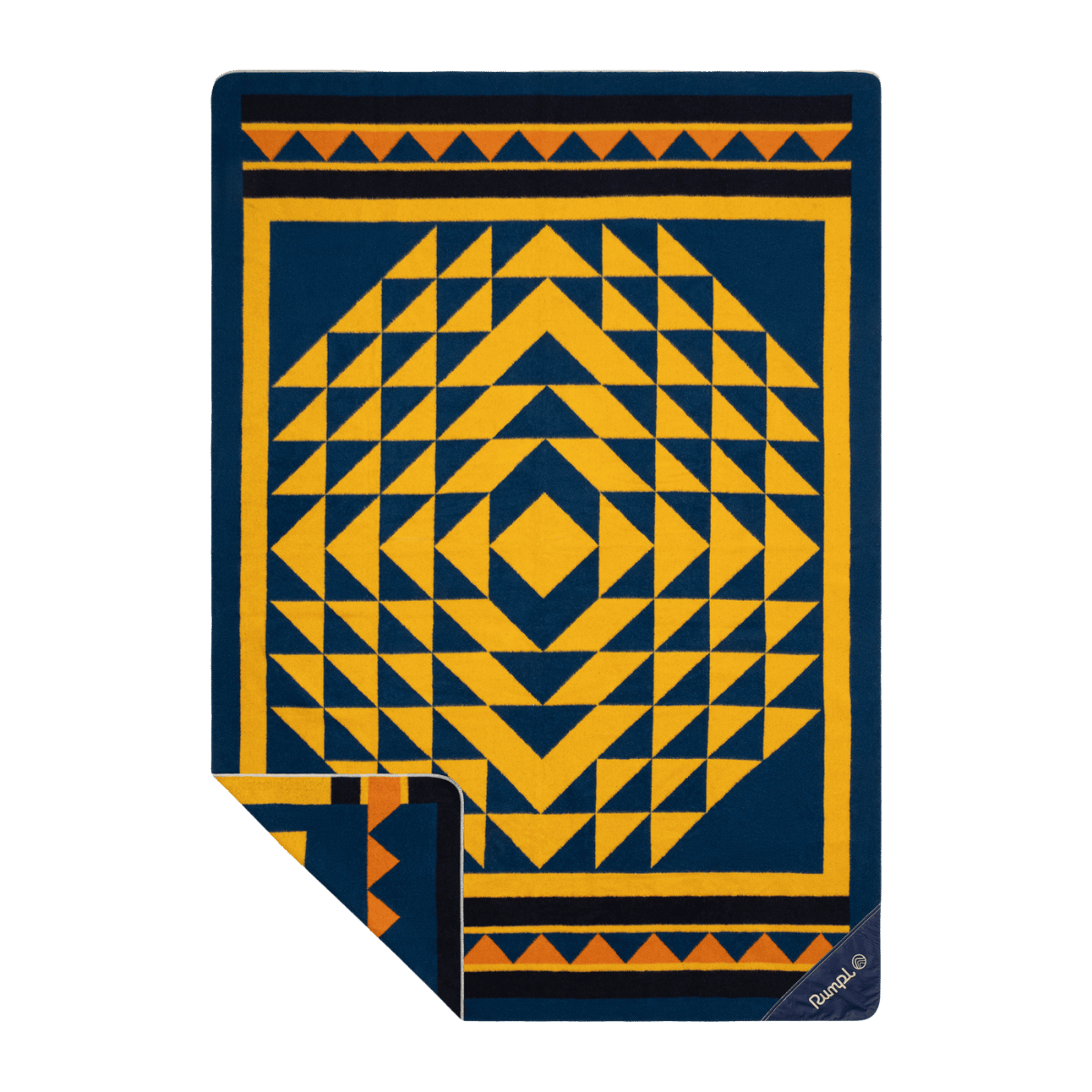 Throw blanket with geometric diamond pattern in navy blue and golden yellow, corner folded back