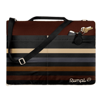 Striped blanket mat with shoulder strap and handle, featuring brown and neutral tones