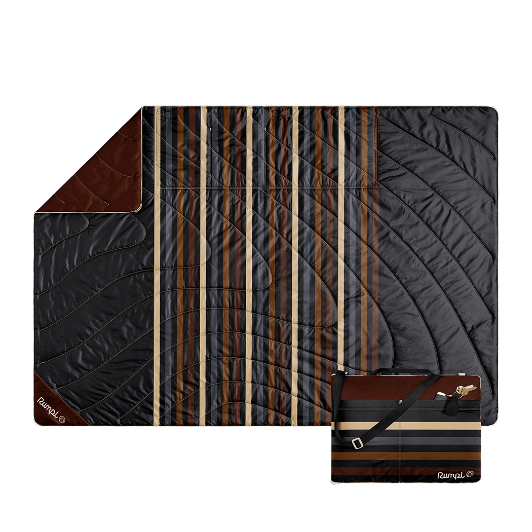 Quilted camping mat with striped pattern showing both folded and compact carry pouch views