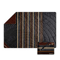 Quilted camping mat with striped pattern showing both folded and compact carry pouch views