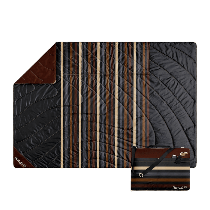 Quilted camping mat with striped pattern showing both folded and compact carry pouch views